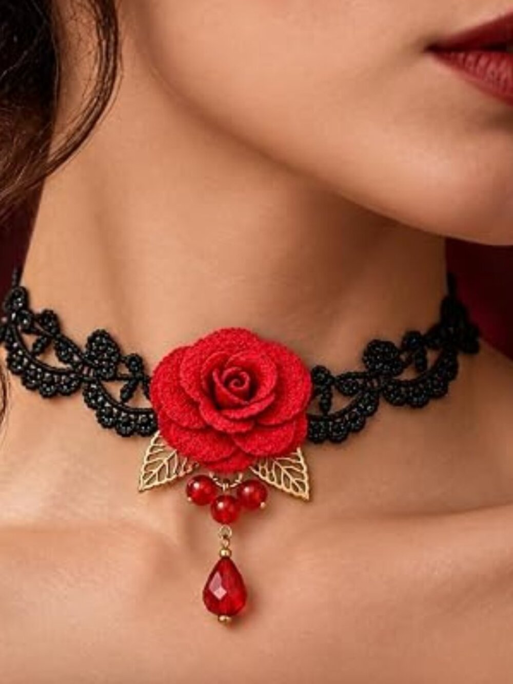 Yumikoo Black Lace Choker Necklace for Women, Gothic Burgundy Rose Teardrop